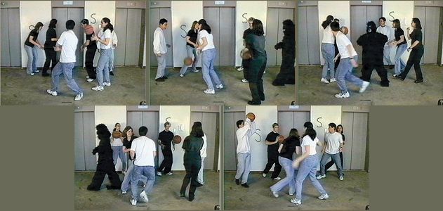 Resim, psikolojinin en ünlü deneylerinden biri olan “Görünmez Goril” (The Invisible Gorilla) deneyine ait. Resimdeki insanlar bir basketbol antrenmanı yapıyormuş gibi görünür. Genellikle biri beyaz, diğeri siyah formalı iki takım vardır ve birbirlerine top pasları yaparlar. Deneyi izleyen kişiliden (yani resme bakanlardan), genellikle “beyazlı takımın topu kaç kere pasladığını saymaları” istenir. İnsanlar dikkatlerini sadece beyazlı oyunculara ve topa odakladıkları sırada, sahanın ortasına bir Goril Kıyafeti giymiş bir kişi girer, ortadan geçer, göğsüne vurur ve çıkar. Deneyin şaşırtıcı sonucu şudur: Dikkatlerini topu saymaya vermiş olan insanların yaklaşık %50’si, gorili hiç fark etmez.