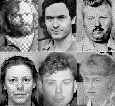 Fotoğrafta saat yönünde, sol üstten başlayarak; ailesi tarafından terk edilmiş, ıslahevlerinde büyümüş ve bir kült lideri olarak katliam emirleri veren Charles Manson, dışarıdan bakıldığında zeki ve karizmatik görünse de çocukluğundaki dedesinin şiddeti ve büyükannesiyle karmaşık ilişkiyle büyüyüp onlarca kadını vahşice öldüren Ted Bundy, babasının sürekli aşağıladığı, “serseri” diye baskıladığı bir çocukluktan çıkıp “Palyaço” kılığı altında gençleri toprağa gömen John Wayne Gacy, kendi kocasıyla birlikte tecavüz ve cinayet işleyerek vicdanlarını tamamen devre dışı bırakan Karla Homolka ve Paul Bernardo, ve çocukluğunda cinsel istismarın en acımasız türüne maruz kalmış, bu derin acıyı içselleştirmek yerine yıllar sonra kendi kurbanlarına kanlı bir ödettiği Aileen Wuornos yer alıyor.